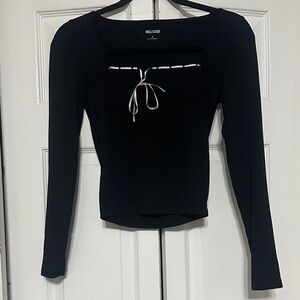 Hollister Black Long-Sleeve Square Neck Top with White Tie